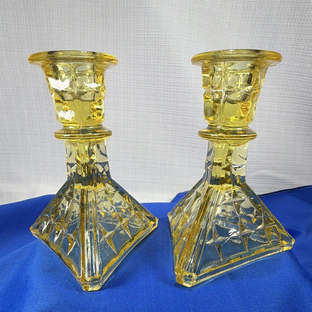 Vtg Tiara Indiana Glass Constellation Yellow Taper Candlestick Holders Pair 5"